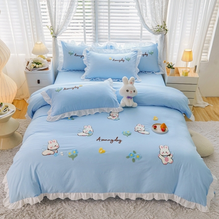 91家纺网 家纺一手货源 找家纺 （总）易禾家纺 2024新款水洗亲肤棉毛巾绣四件套专版花型-幸福兔