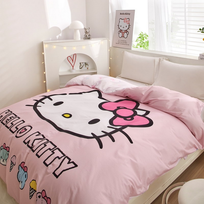 91家纺网 家纺一手货源 找家纺 蘭菲2023新款全棉印染三丽鸥全棉大版卡通四件套-被套 粉系