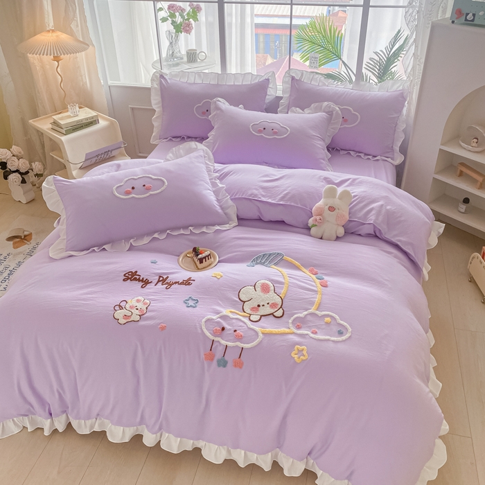 91家纺网 家纺一手货源 找家纺 易禾家纺 2024新款水洗棉毛巾绣晚安梦四件套专版花型 晚安梦-紫