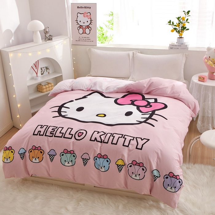 91家纺网 家纺一手货源 找家纺 蘭菲2023新款全棉印染三丽鸥全棉大版卡通四件套-被套 粉系