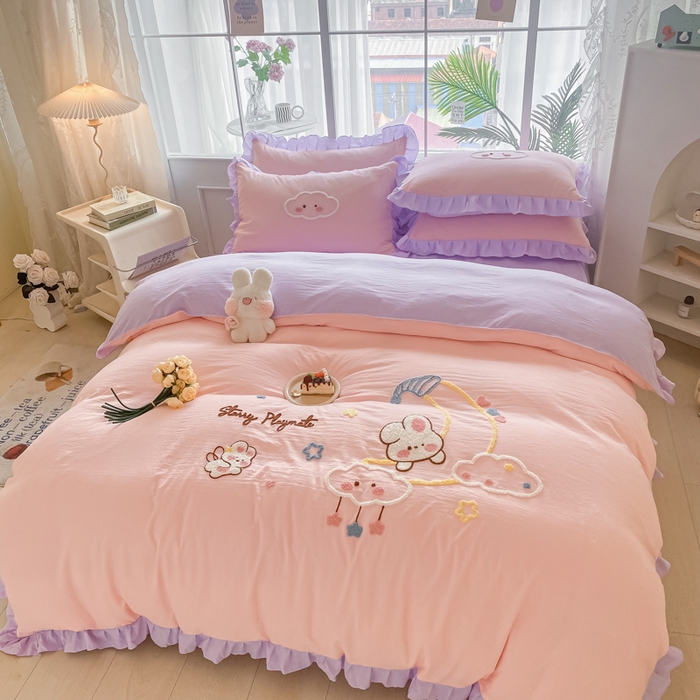 91家纺网 家纺一手货源 找家纺 易禾家纺 2024新款水洗棉毛巾绣晚安梦四件套专版花型 晚安梦-粉紫