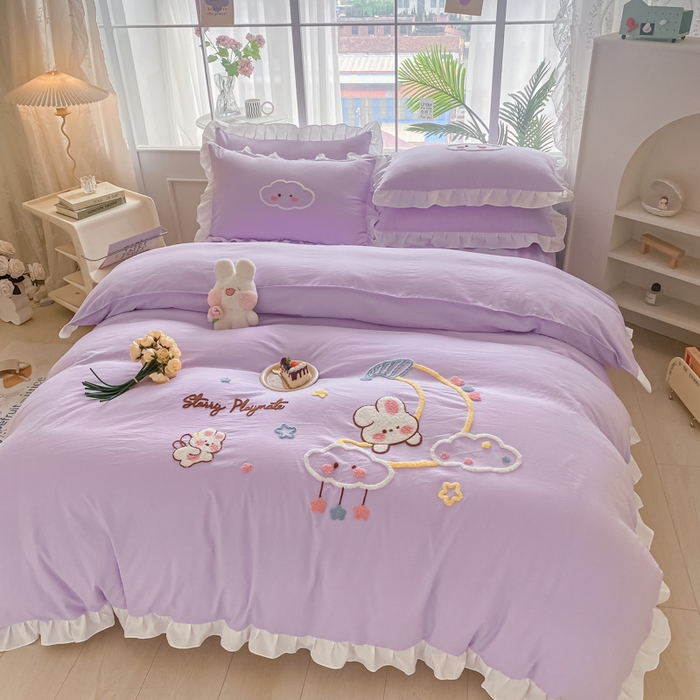 91家纺网 家纺一手货源 找家纺 易禾家纺 2024新款水洗棉毛巾绣晚安梦四件套专版花型 晚安梦-紫