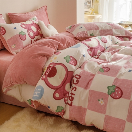 91家纺网 家纺一手货源 找家纺 总红粉佳人新款小清新卡通贝壳边三角针棉加绒单被套