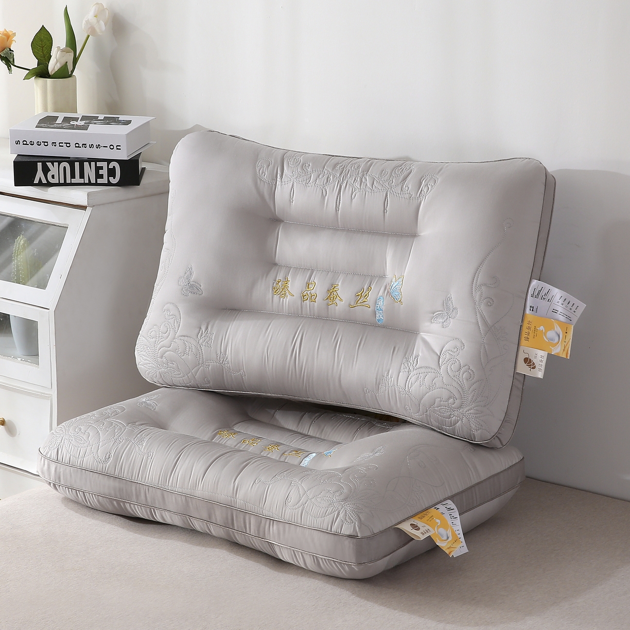 91家纺网 家纺一手货源 找家纺 天意美  2023新款护颈锥助眠臻品蚕丝乳胶枕头枕芯 48x74cm臻品蚕丝-灰（一只）