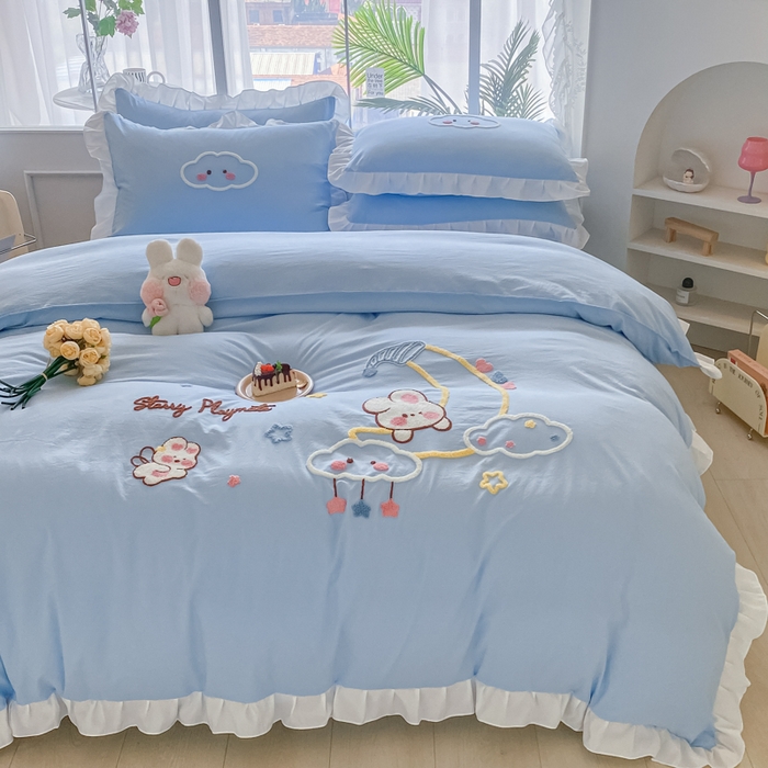 91家纺网 家纺一手货源 找家纺 易禾家纺 2024新款水洗棉毛巾绣晚安梦四件套专版花型 晚安梦-蓝