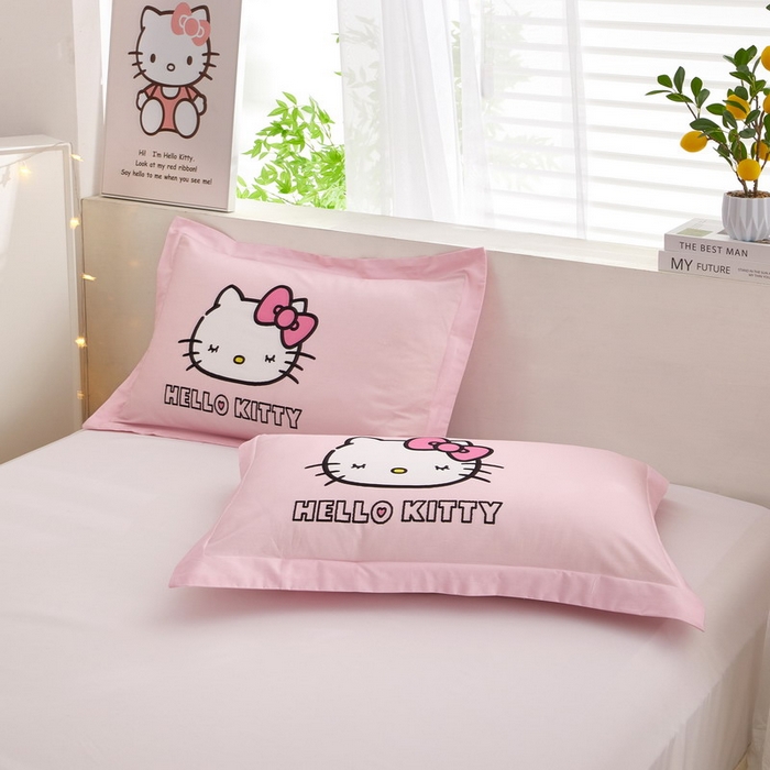 91家纺网 家纺一手货源 找家纺 蘭菲2023新款全棉印染三丽鸥全棉大版卡通四件套-枕套 粉系