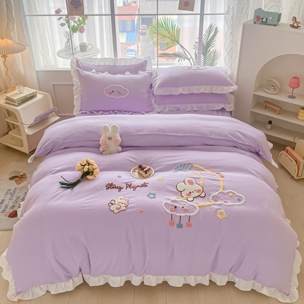 易禾家纺 2024新款水洗棉毛巾绣晚安梦四件套专版花型 晚安梦-紫
