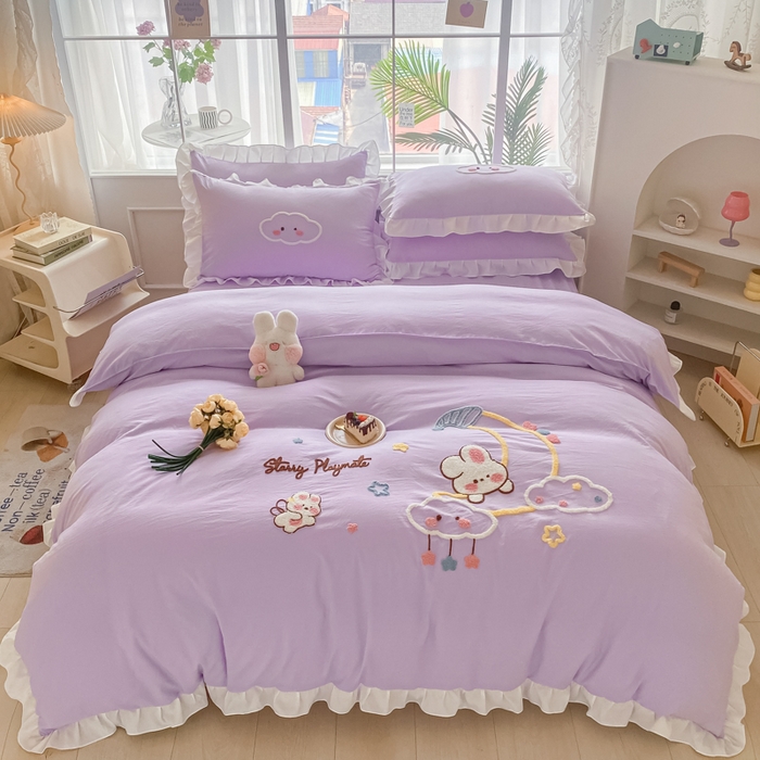 91家纺网 家纺一手货源 找家纺 易禾家纺 2024新款水洗棉毛巾绣晚安梦四件套专版花型 晚安梦-紫