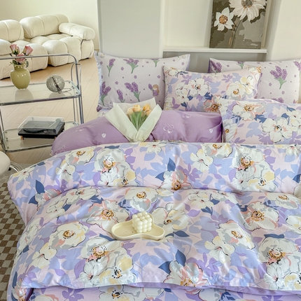 91家纺网 家纺一手货源 找家纺 权瑾家纺 全棉纯棉12868小清新少女风四件套 紫萱花