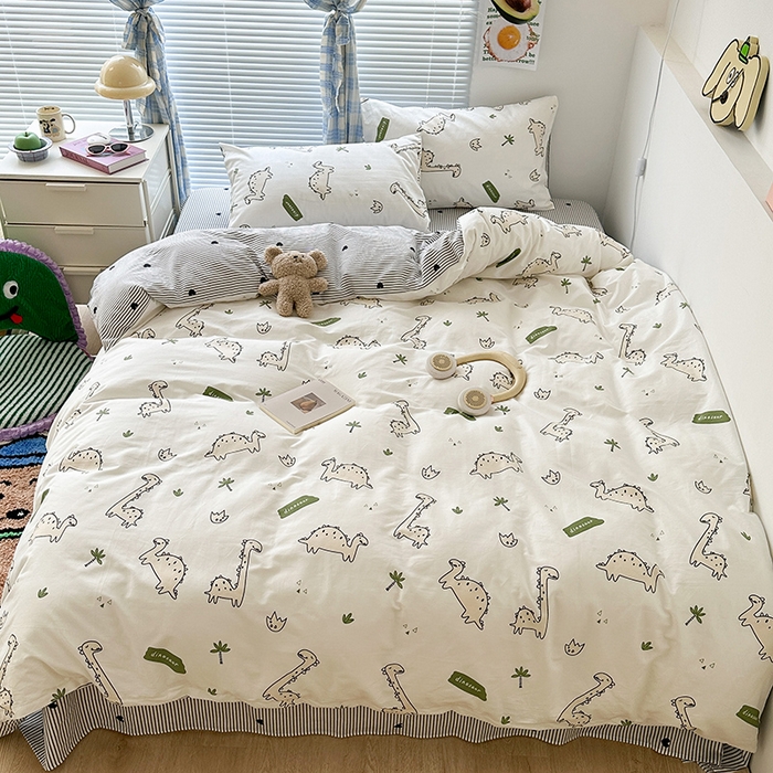 91家纺网 家纺一手货源 找家纺 昔可家纺 2023新款多巴胺卡通学生季全棉四件套 欢乐恐龙