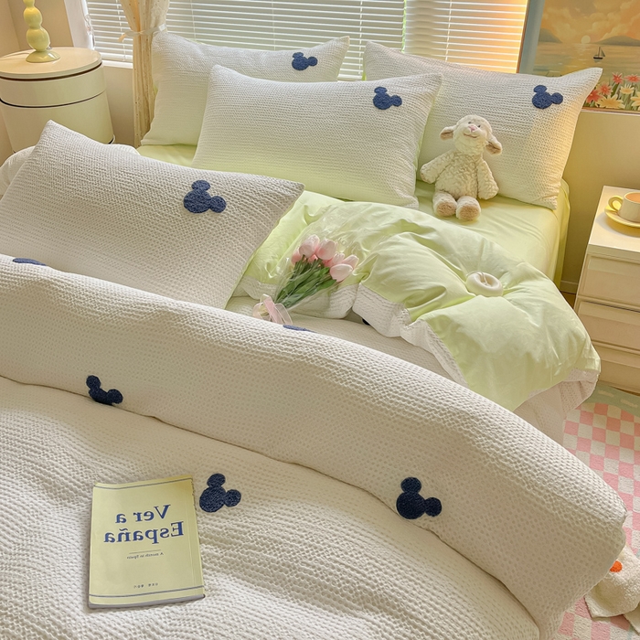 91家纺网 家纺一手货源 找家纺 慕尚2025华夫格全棉米奇毛巾绣四件套 米奇 白绿