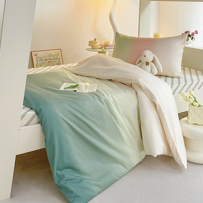 91家纺网 家纺一手货源 找家纺 昔可家纺 2023新款少女粉渐变色上下铺全棉四件套 松石粉绿