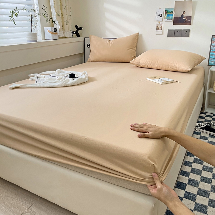 91家纺网 家纺一手货源 找家纺 六巷胡同 2023新款32支全棉纯色水洗棉单床笠 奶茶咖