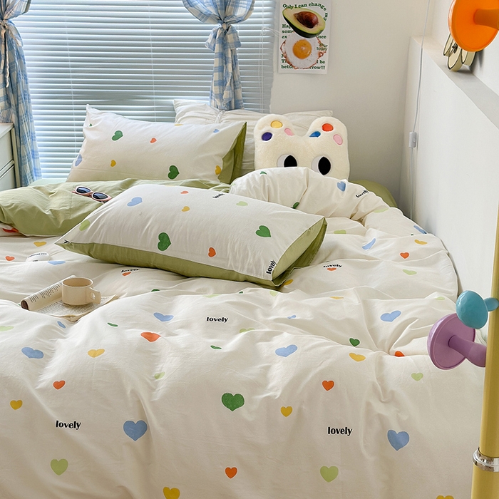 91家纺网 家纺一手货源 找家纺 昔可家纺 2023新款多巴胺卡通学生季全棉四件套 多巴胺爱心