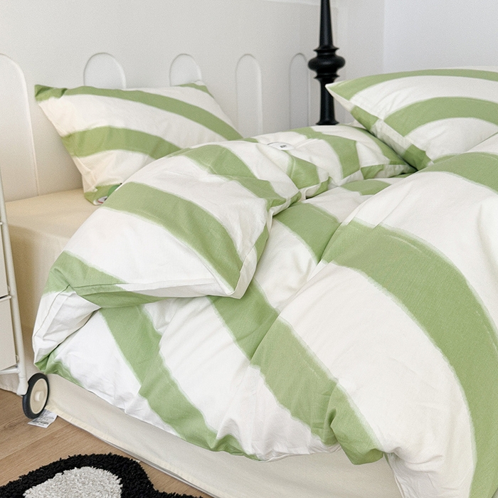 91家纺网 家纺一手货源 找家纺 昔可家纺 2023新款多巴胺少女风条纹全棉四件套 青柠绿条