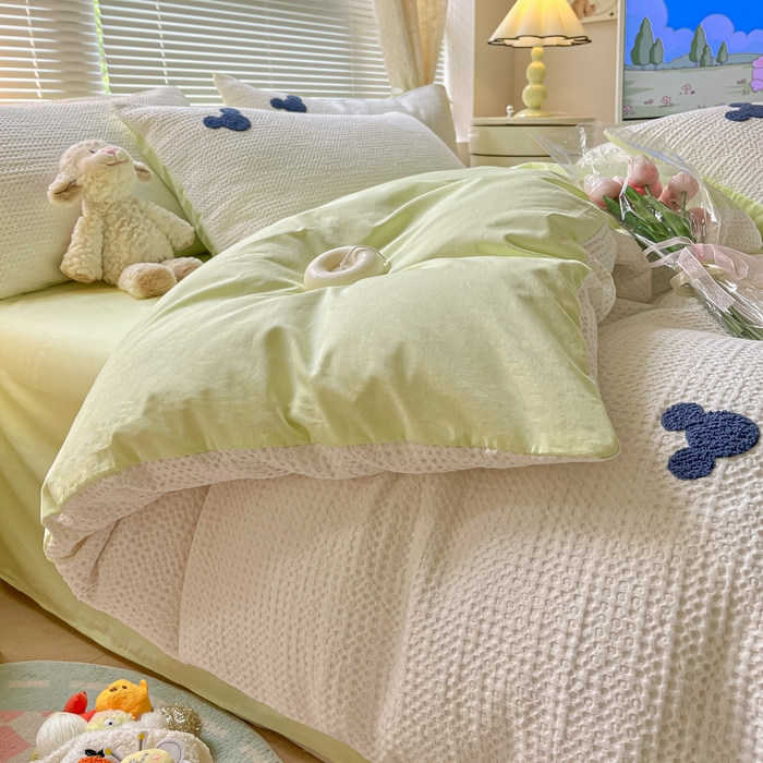 91家纺网 家纺一手货源 找家纺 慕尚2025华夫格全棉米奇毛巾绣四件套 米奇 白绿