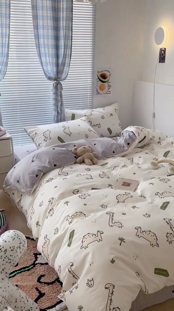 91家纺网 家纺一手货源 找家纺 昔可家纺 2023新款多巴胺卡通学生季全棉四件套 欢乐恐龙