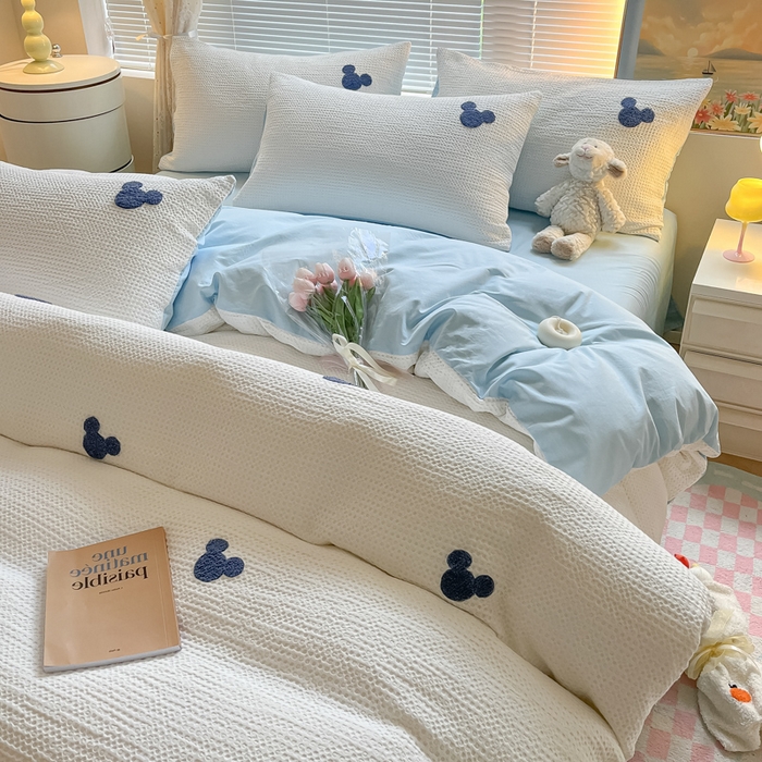 91家纺网 家纺一手货源 找家纺 慕尚2025华夫格全棉米奇毛巾绣四件套 米奇 白蓝