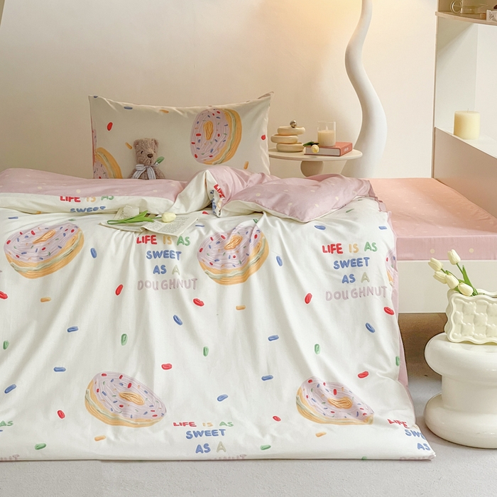 91家纺网 家纺一手货源 找家纺 昔可家纺 2023新款少女粉渐变色上下铺全棉四件套 可口甜甜圈