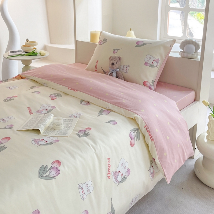 91家纺网 家纺一手货源 找家纺 昔可家纺 2023新款少女粉渐变色上下铺全棉四件套 软萌兔兔郁金