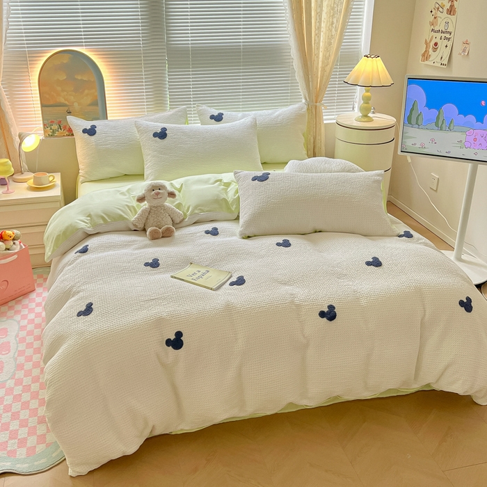 91家纺网 家纺一手货源 找家纺 慕尚2025华夫格全棉米奇毛巾绣四件套 米奇 白绿