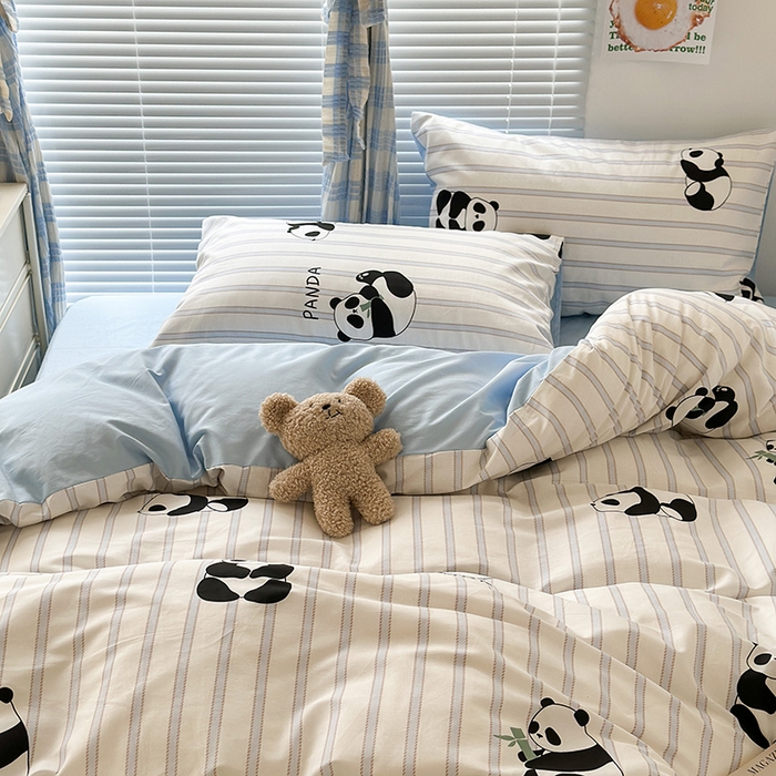 91家纺网 家纺一手货源 找家纺 昔可家纺 2023新款多巴胺卡通学生季全棉四件套 呆萌熊猫