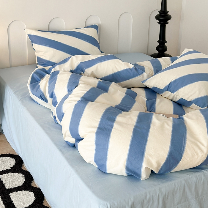 91家纺网 家纺一手货源 找家纺 昔可家纺 2023新款多巴胺少女风条纹全棉四件套 海盐蓝条