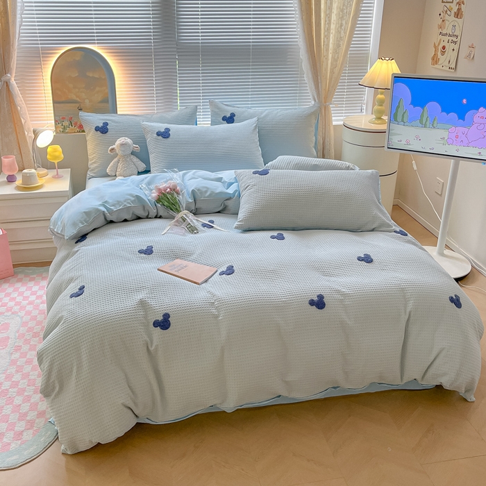 91家纺网 家纺一手货源 找家纺 慕尚2025华夫格全棉米奇毛巾绣四件套 米奇 天蓝