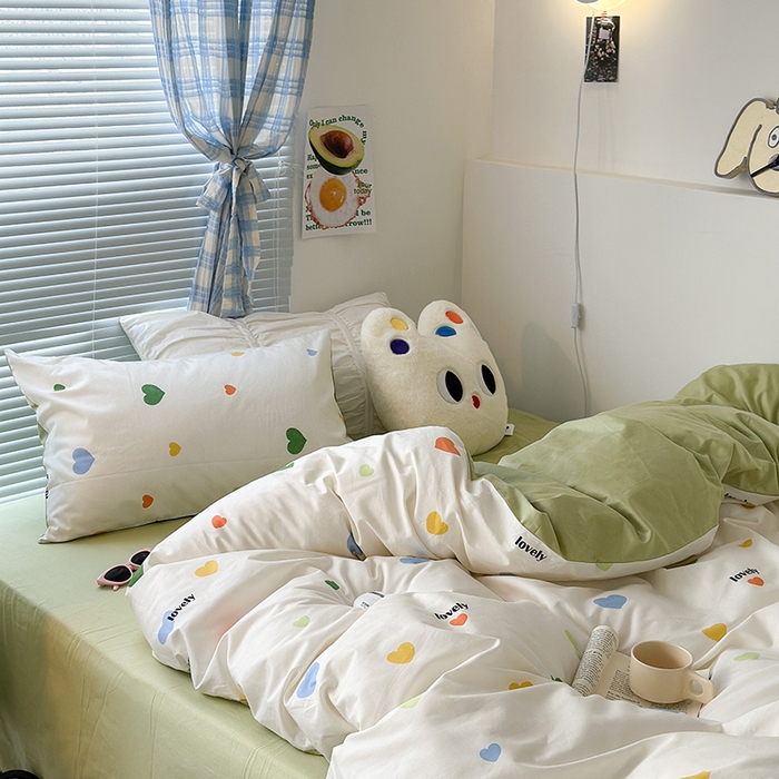 91家纺网 家纺一手货源 找家纺 昔可家纺 2023新款多巴胺卡通学生季全棉四件套 多巴胺爱心