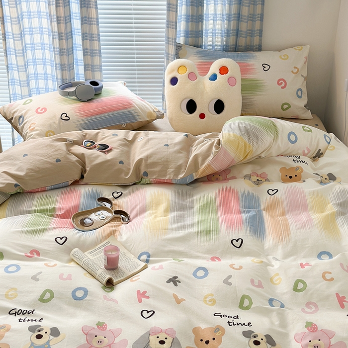 91家纺网 家纺一手货源 找家纺 昔可家纺 2023新款多巴胺卡通学生季全棉四件套 涂鸦小伙伴