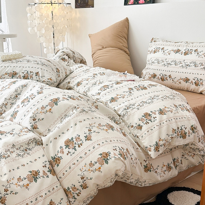 91家纺网 家纺一手货源 找家纺 昔可家纺 2023新款法式田园花卉混搭全棉四件套 复古咖玫瑰