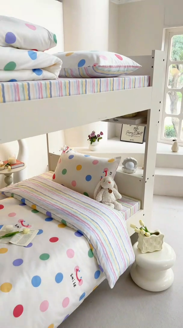 91家纺网 家纺一手货源 找家纺 昔可家纺 2023新款少女粉渐变色上下铺全棉四件套 微笑彩波点