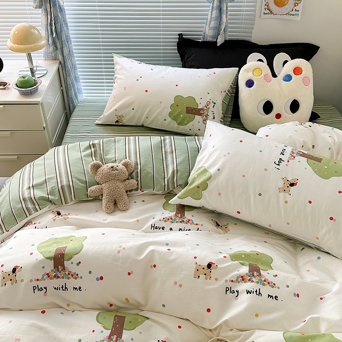 91家纺网 家纺一手货源 找家纺 昔可家纺 2023新款多巴胺卡通学生季全棉四件套 小树林与狗