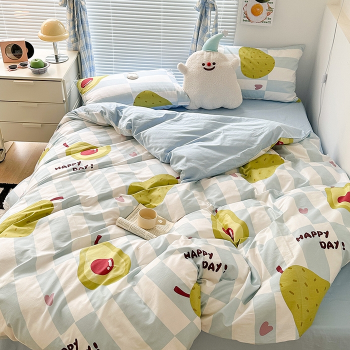 91家纺网 家纺一手货源 找家纺 昔可家纺 2023新款多巴胺卡通学生季全棉四件套 奶蓝雪梨