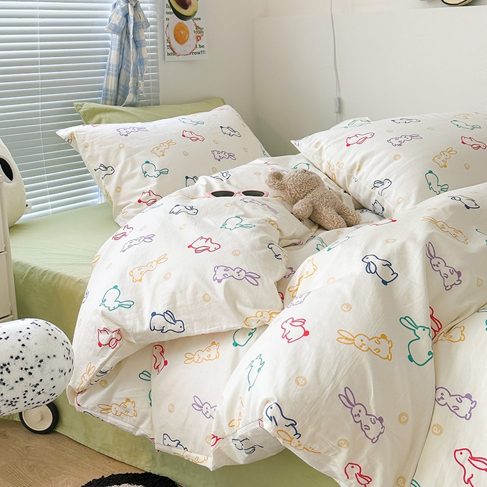 91家纺网 家纺一手货源 找家纺 昔可家纺 2023新款多巴胺卡通学生季全棉四件套 多巴胺小兔