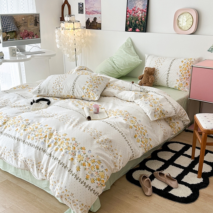 91家纺网 家纺一手货源 找家纺 昔可家纺 2023新款法式田园花卉混搭全棉四件套 夏语玫瑰