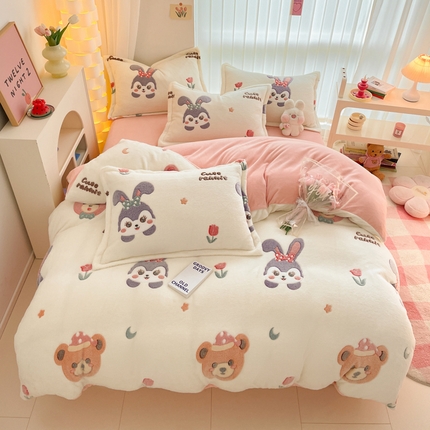 同田家纺 2024秋冬新品雪花绒牛奶绒印花四件套 可爱小兔