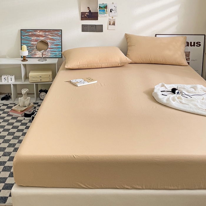 91家纺网 家纺一手货源 找家纺 六巷胡同 2023新款32支全棉纯色水洗棉单床笠 奶茶咖