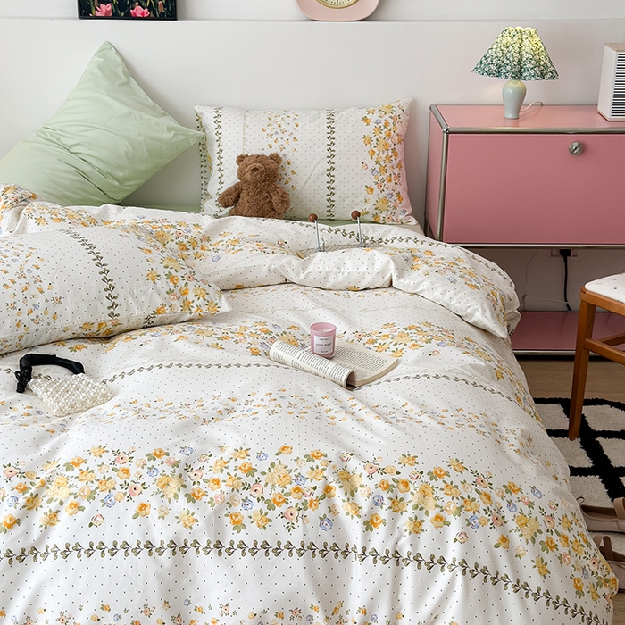 91家纺网 家纺一手货源 找家纺 昔可家纺 2023新款法式田园花卉混搭全棉四件套 夏语玫瑰