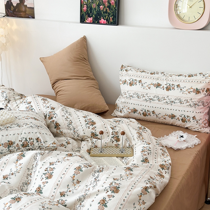 91家纺网 家纺一手货源 找家纺 昔可家纺 2023新款法式田园花卉混搭全棉四件套 复古咖玫瑰