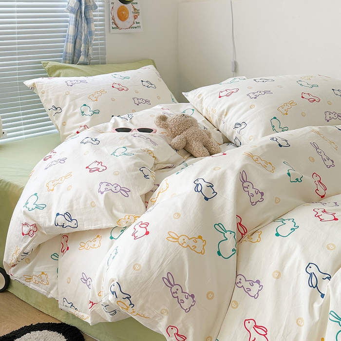 91家纺网 家纺一手货源 找家纺 昔可家纺 2023新款多巴胺卡通学生季全棉四件套 多巴胺小兔