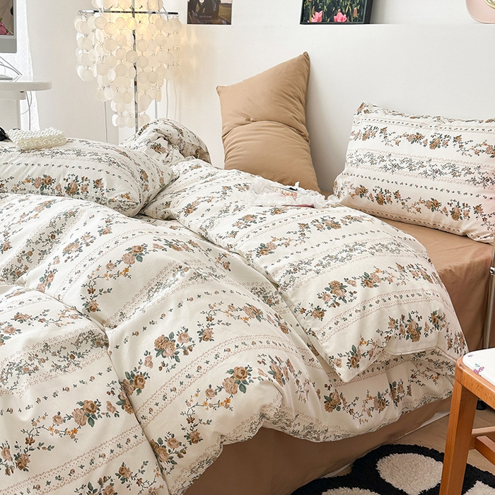 91家纺网 家纺一手货源 找家纺 昔可家纺 2023新款法式田园花卉混搭全棉四件套 复古咖玫瑰