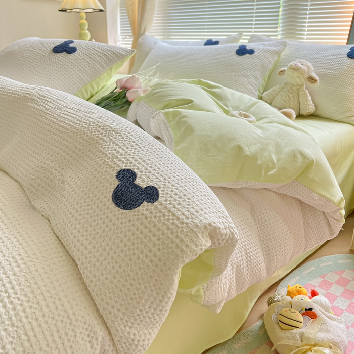 91家纺网 家纺一手货源 找家纺 慕尚2025华夫格全棉米奇毛巾绣四件套 米奇 白绿