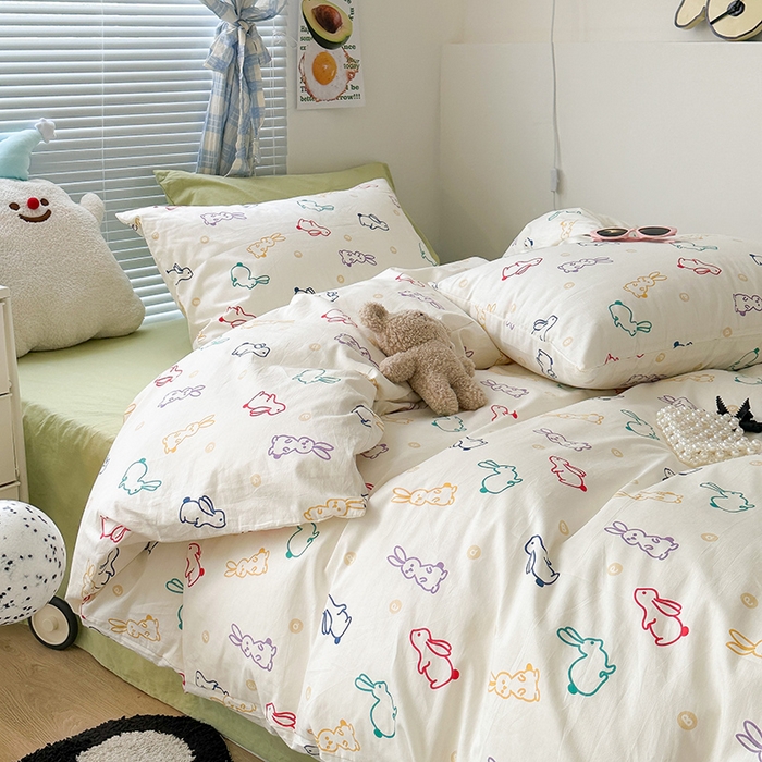 91家纺网 家纺一手货源 找家纺 昔可家纺 2023新款多巴胺卡通学生季全棉四件套 多巴胺小兔