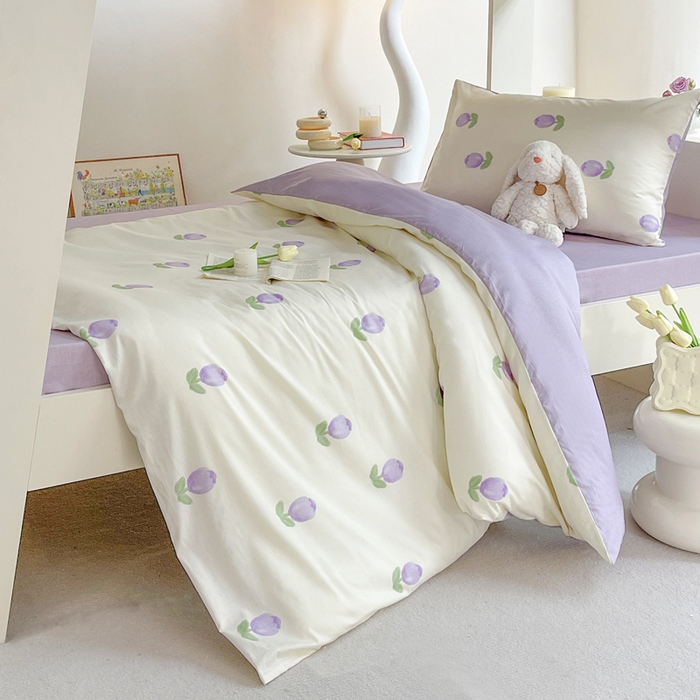91家纺网 家纺一手货源 找家纺 昔可家纺 2023新款少女粉渐变色上下铺全棉四件套 紫色郁金香