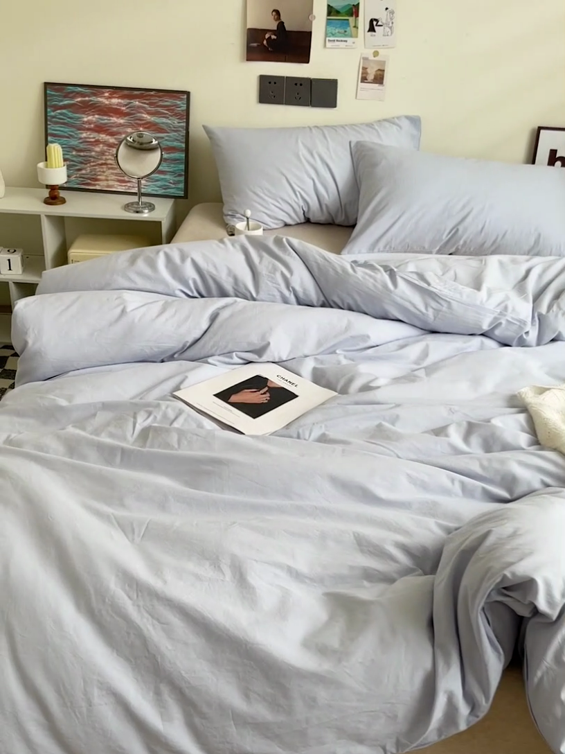 91家纺网 家纺一手货源 找家纺 六巷胡同 2023新款32支全棉纯色水洗棉单被套 奶油蓝