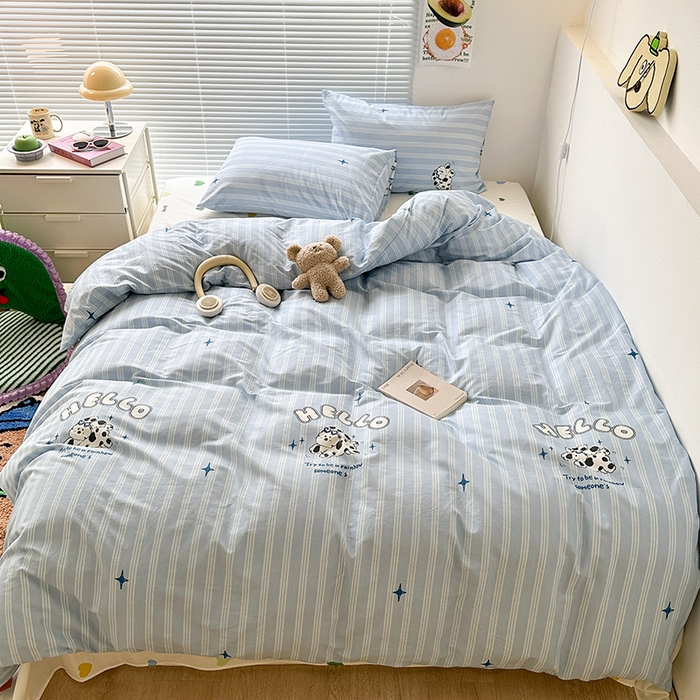 91家纺网 家纺一手货源 找家纺 昔可家纺 2023新款多巴胺卡通学生季全棉四件套 蓝条小奶狗