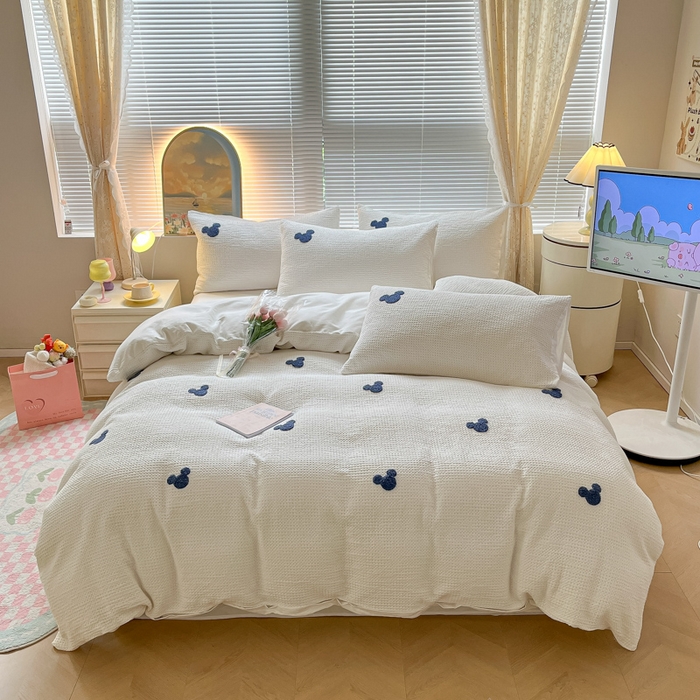 91家纺网 家纺一手货源 找家纺 慕尚2025华夫格全棉米奇毛巾绣四件套 米奇 白