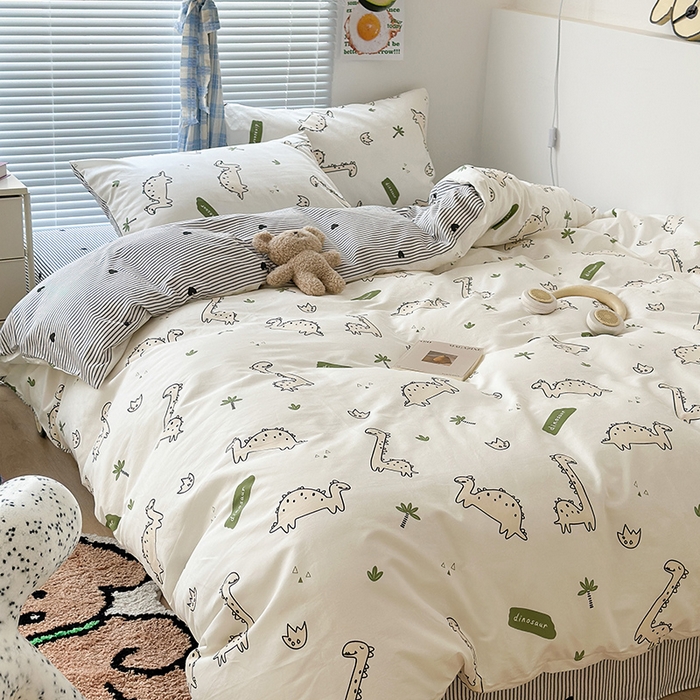 91家纺网 家纺一手货源 找家纺 昔可家纺 2023新款多巴胺卡通学生季全棉四件套 欢乐恐龙