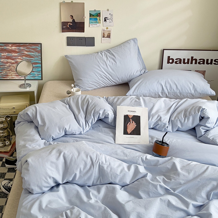 91家纺网 家纺一手货源 找家纺 六巷胡同 2023新款32支全棉纯色水洗棉单被套 奶油蓝